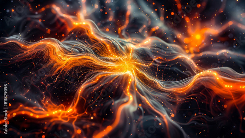 Vivid abstract background with dynamic fiery waves and glowing particles simulating vibrant energy flow or molten lava texture.