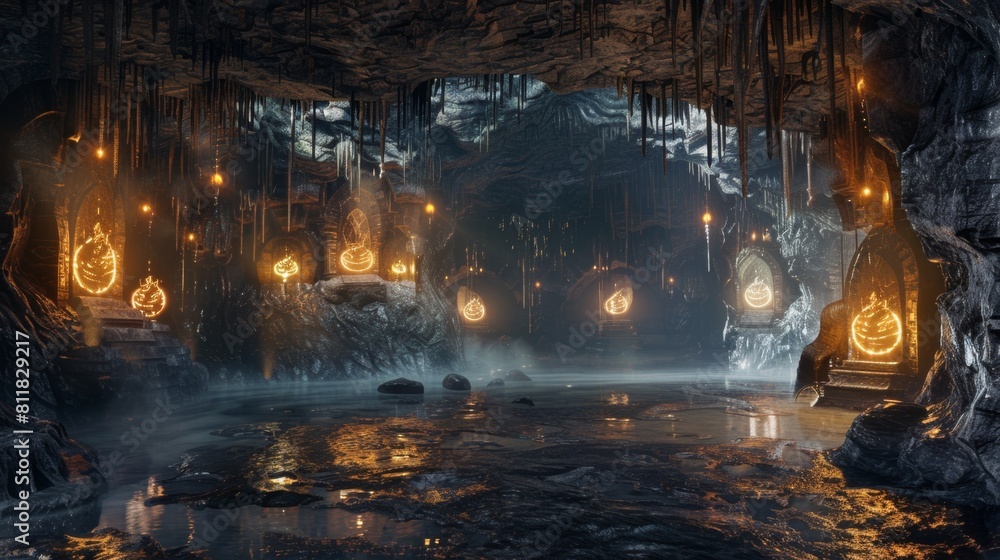 A mystical underground scene with golden lanterns casting a warm glow over the rocky surfaces and reflective water.