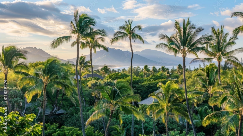 Tropical Paradise: Palm Trees, Mountain Views, and Serene Sky