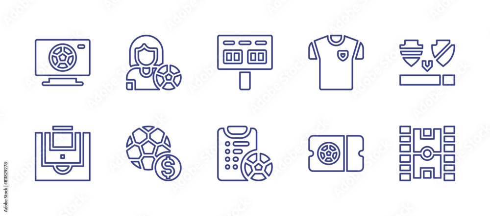 Soccer line icon set. Editable stroke. Vector illustration. Containing tshirt, football player, ticket, gambling, tv, scoreboard, possesion, stadium, penalty, training program.