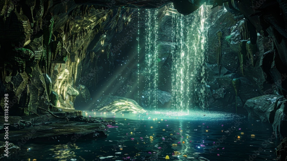 A breathtaking scene of a mystical cave adorned with vibrant flora and a shimmering waterfall cascading into a serene pool.
