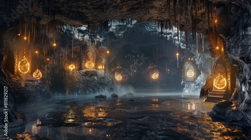 A mystical underground scene with golden lanterns casting a warm glow over the rocky surfaces and reflective water.