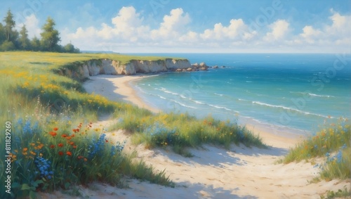 Impressionist Summer Serenity  Blue Sky  Green Sea  and Wildflowers on Beach