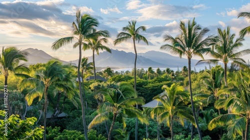 Tropical Paradise: Palm Trees, Mountain Views, and Serene Sky