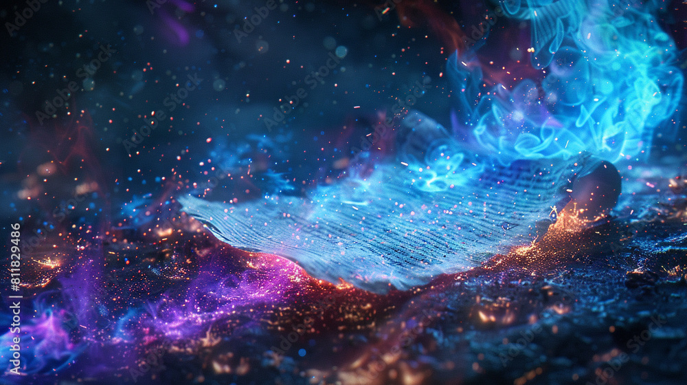 A magical scene where a piece of paper floats midair, surrounded by swirling blue and purple flames The background is a dark starry night sky that enhances the mystical feel Focus on the glowing runes