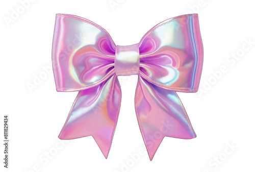 3D render of a bow on a transparent background. Holographic sparkling element in Y2K style. Liquid chrome, vintage girly accessory in pastel pink color, icon, metal surface.