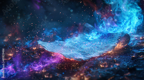A magical scene where a piece of paper floats midair  surrounded by swirling blue and purple flames The background is a dark starry night sky that enhances the mystical feel Focus on the glowing runes