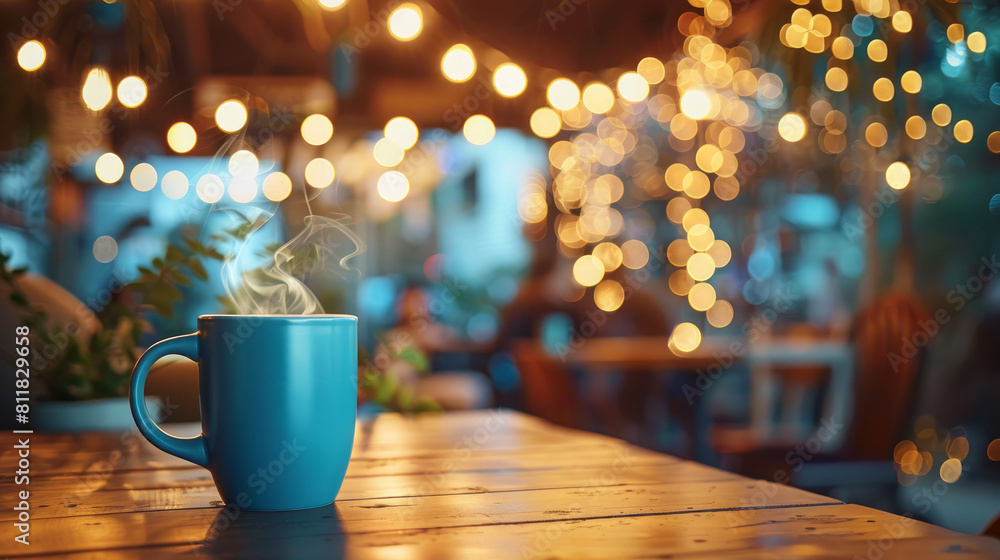 A blue mug of steaming coffee rests on a wooden table in a cozy café, bathed in the warm glow of overhead lights. A blue mug of steaming coffee rests on a wooden table in a cozy café, bathed in the warm glow of overhead lights.