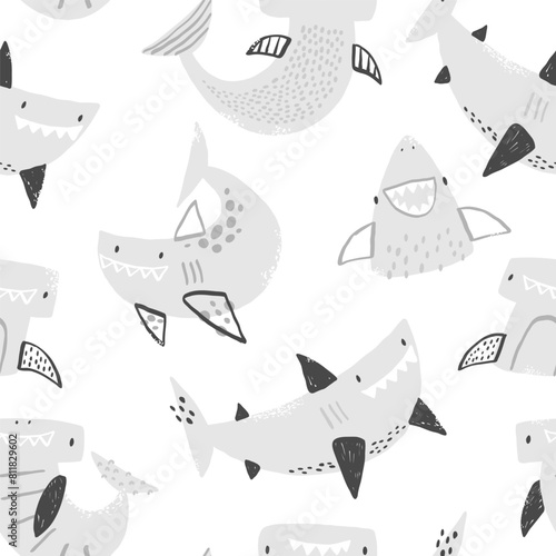 Vector seamless pattern with cute sharks on white background. Funny smiling sharks. Sea, ocean, sea inhabitants. Children's texture with sharks. Funny animals sketch.