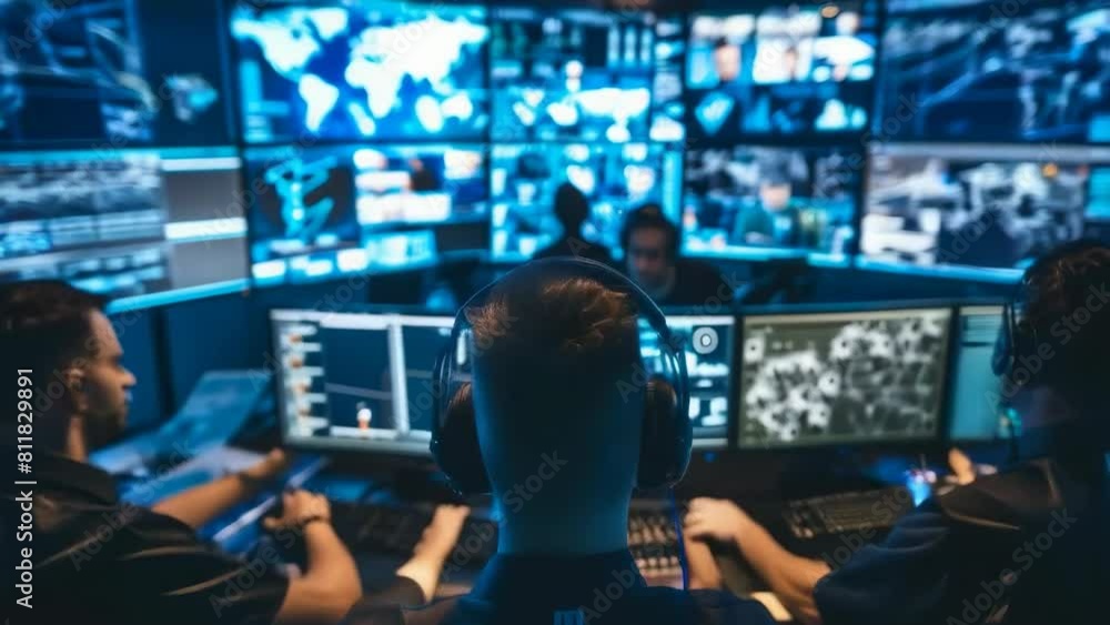 Teams of security personnel meticulously scan and analyze data across multiple illuminated screens, coordinating global operations, ensuring seamless communication within state-of-the-art control room Teams of security personnel meticulously scan and analyze data across multiple illuminated screens, coordinating global operations, ensuring seamless communication within state-of-the-art control room