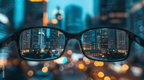 A city scene is in focus through eyeglasses, while the background is blurred. This represents the concept of vision. © Mehran