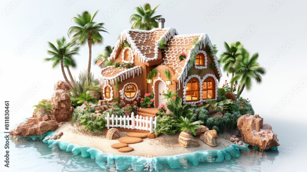 Fototapeta premium A small house with a white picket fence is on a beach