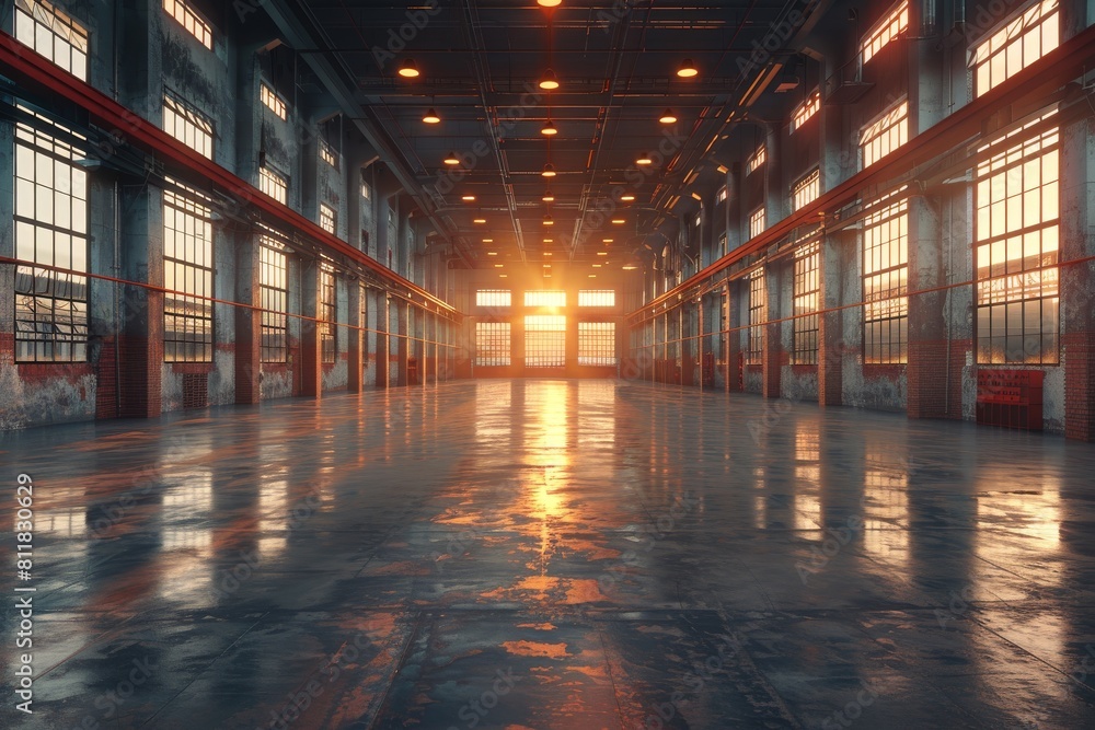 An empty industrial space with large windows is bathed in the warm glow of a sunset, creating a striking contrast