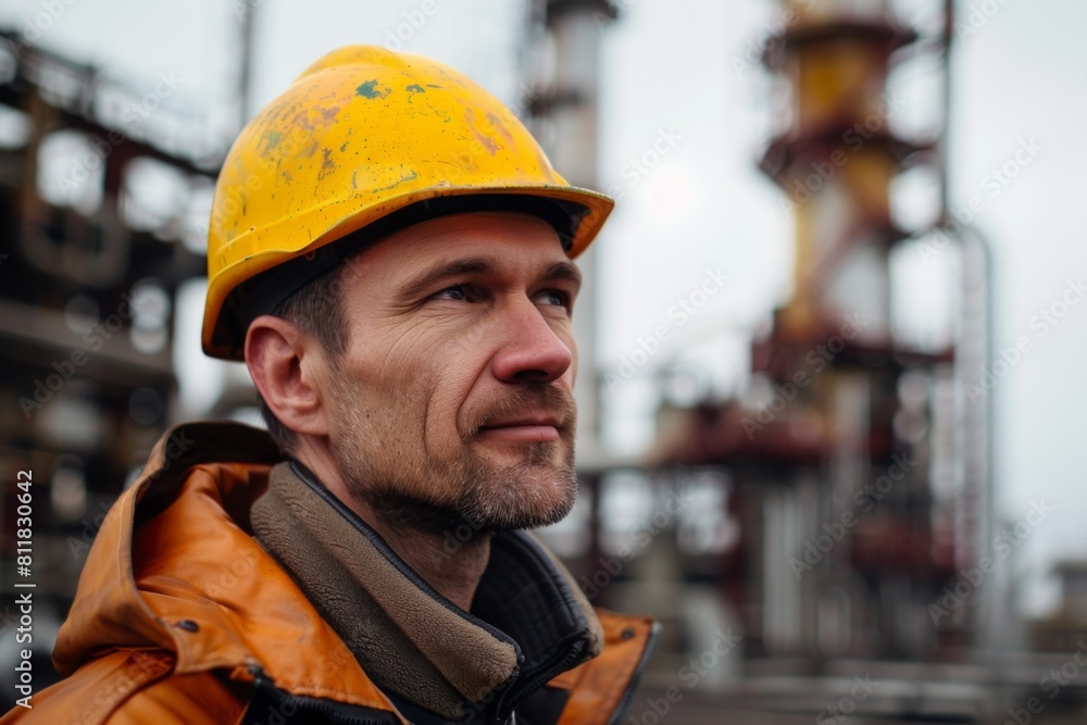 A man wearing a yellow helmet stands in front of a large industrial plant. A man wearing a yellow helmet stands in front of a large industrial plant.