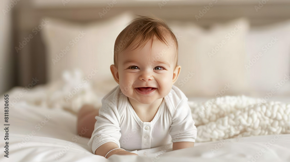 A cute newborn baby is smiling on a white bed at home. The baby looks healthy and happy, and there is space for you to add text. A cute newborn baby is smiling on a white bed at home. The baby looks healthy and happy, and there is space for you to add text.