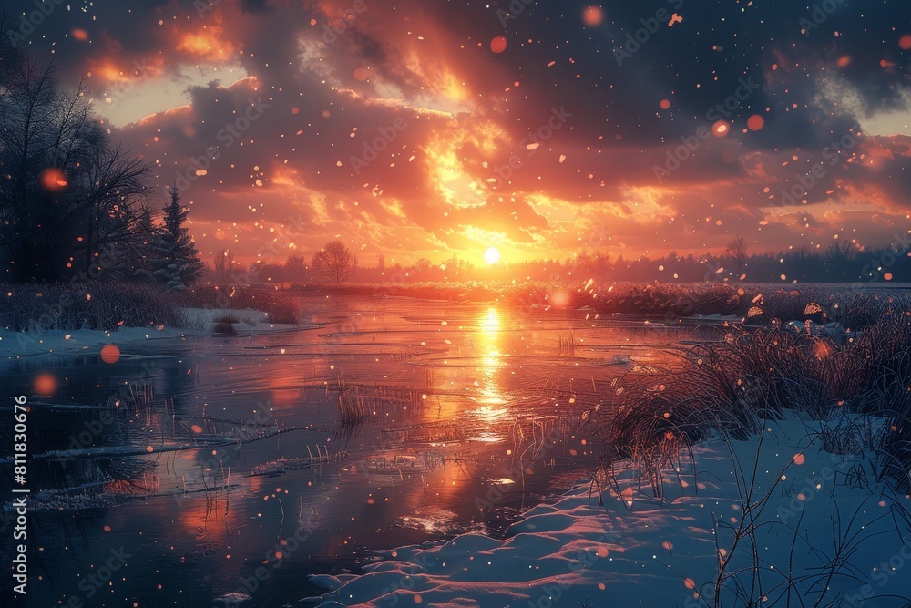 The sunset sky reflects on a partially frozen lake surrounded by snowy terrain and a tranquil atmosphere
