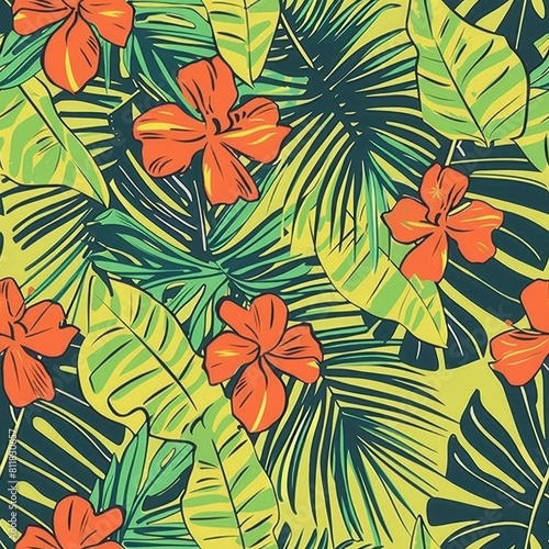 Tropical Hibiscus and Palm Leaves Pattern Design