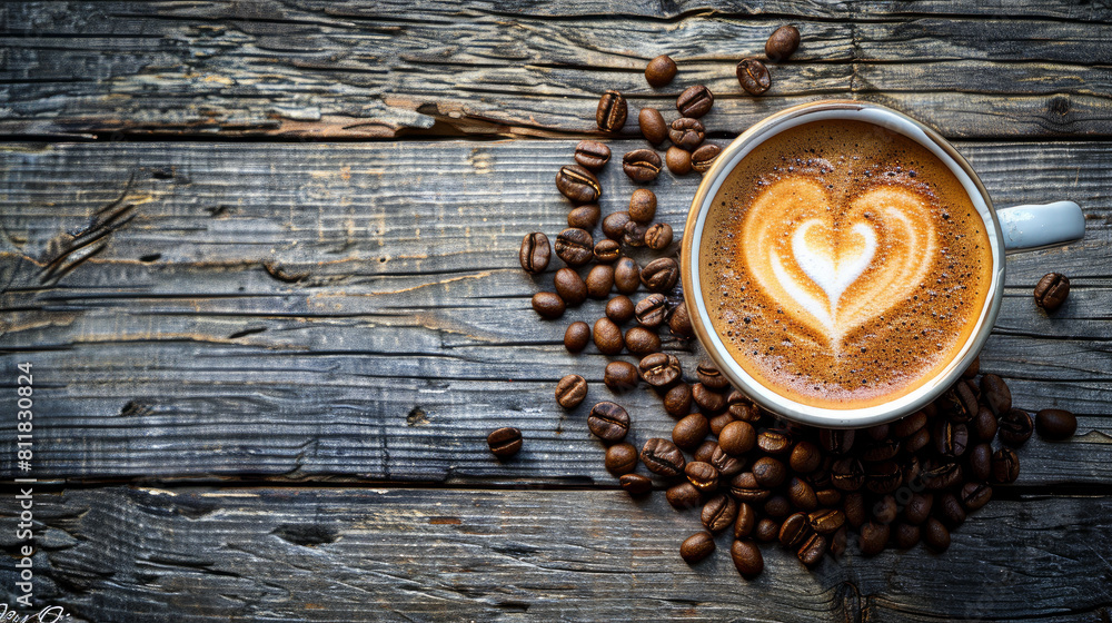 A latte with a heart-shaped swirl and coffee beans on an old wooden table. A latte with a heart-shaped swirl and coffee beans on an old wooden table.
