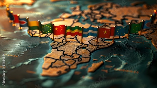 Flagbearers of Growth BRICS Nations Unity on a World Map Symbolizing International and Economic Progress photo