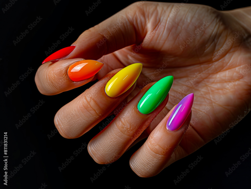 A woman holding colorful nails on black background. A woman holding colorful nails on black background.