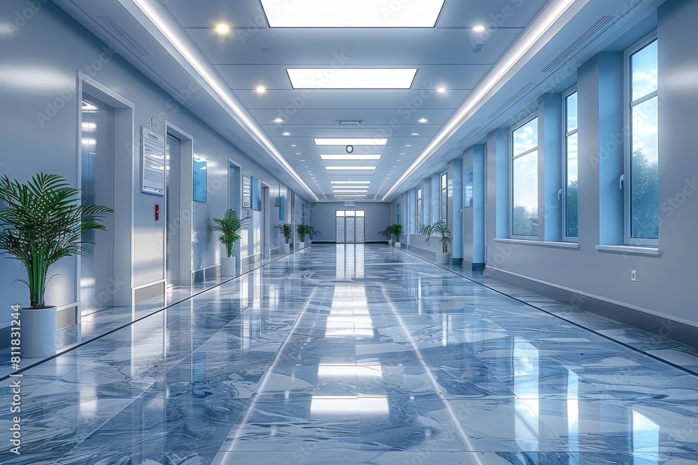 A polished marble floor reflects the overhead lighting in this luxurious and modern office hallway A polished marble floor reflects the overhead lighting in this luxurious and modern office hallway