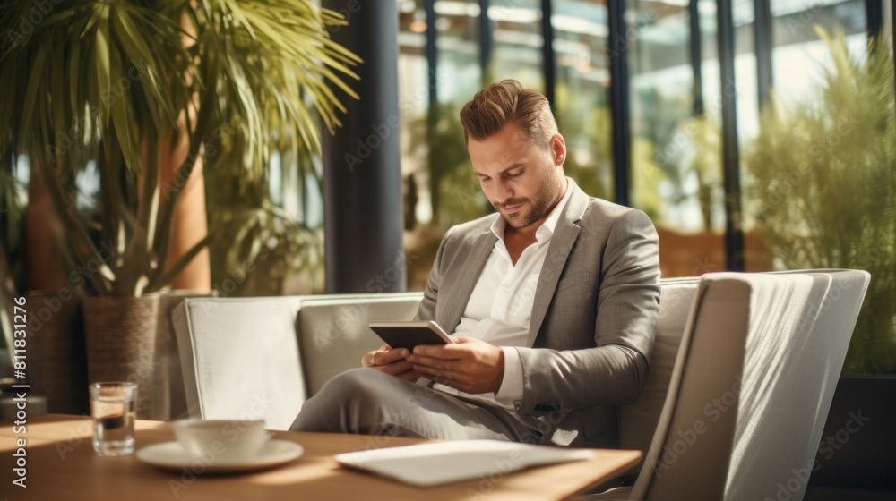Dedicated busy man dressed in smart casual is sitting in working friendly cafe with smartphone. Dedicated busy man dressed in smart casual is sitting in working friendly cafe with smartphone.