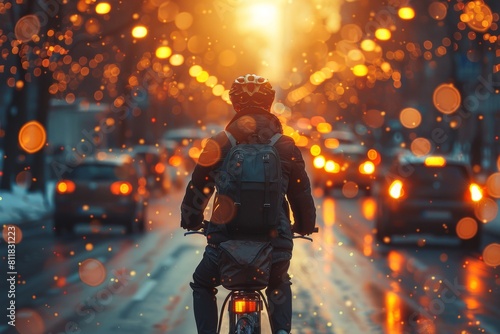 A cyclist rides through a bustling city street as the setting sun casts a beautiful flare among the traffic