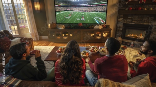 Thanksgiving Football: Family Cheers in Living Room Watching Game © DayByDayCanvas