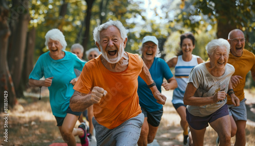 capturing a joyful reunion of senior joggers at their favorite park, celebrating one of the group’s birthday with a morning run followed by a picnic, Running, Group Of People, Jogg