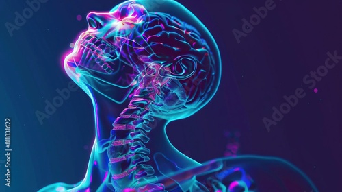 A futuristic depiction of an Xray affected by migraine symptoms, merging detailed views of the cervical spine with neon colors to emphasize areas impacted by stress and strain photo