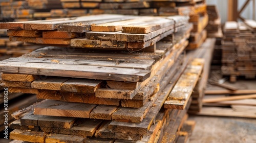 Stack of natural rough wooden boards. Wooden boards, lumber, industrial wood. Industrial timber