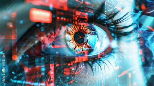 A digital montage featuring a closeup eye shot with superimposed warning alerts about privacy breaches, surrounded by visuals of compromised devices like laptops and phones photo