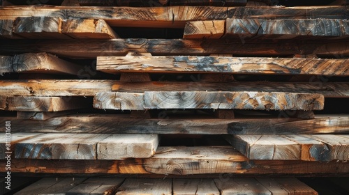 Stack of natural rough wooden boards. Wooden boards, lumber, industrial wood. Industrial timber photo