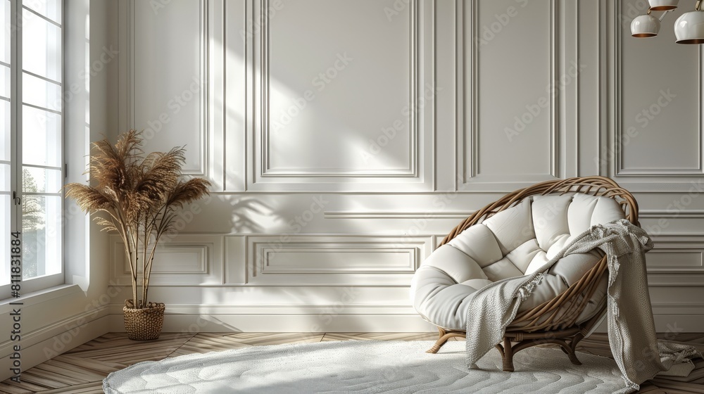 White wall with minimalistic white wainscoting and chair with blanket ...