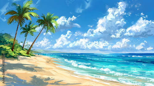 A painting depicting a tropical beach scene with palm trees, golden sand, and clear blue waters under a sunny sky. © Iryna