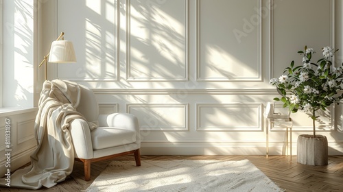 Fototapeta Naklejka Na Ścianę i Meble -  White wall with minimalistic white wainscoting and chair with blanket, lamp on the floor, 3D rendering illustration of interior design in modern home decor, mockup template for artwork painting, poste
