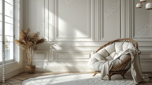 White wall with minimalistic white wainscoting and chair with blanket, lamp on the floor, 3D rendering illustration of interior design in modern home decor, mockup template for artwork painting, poste photo