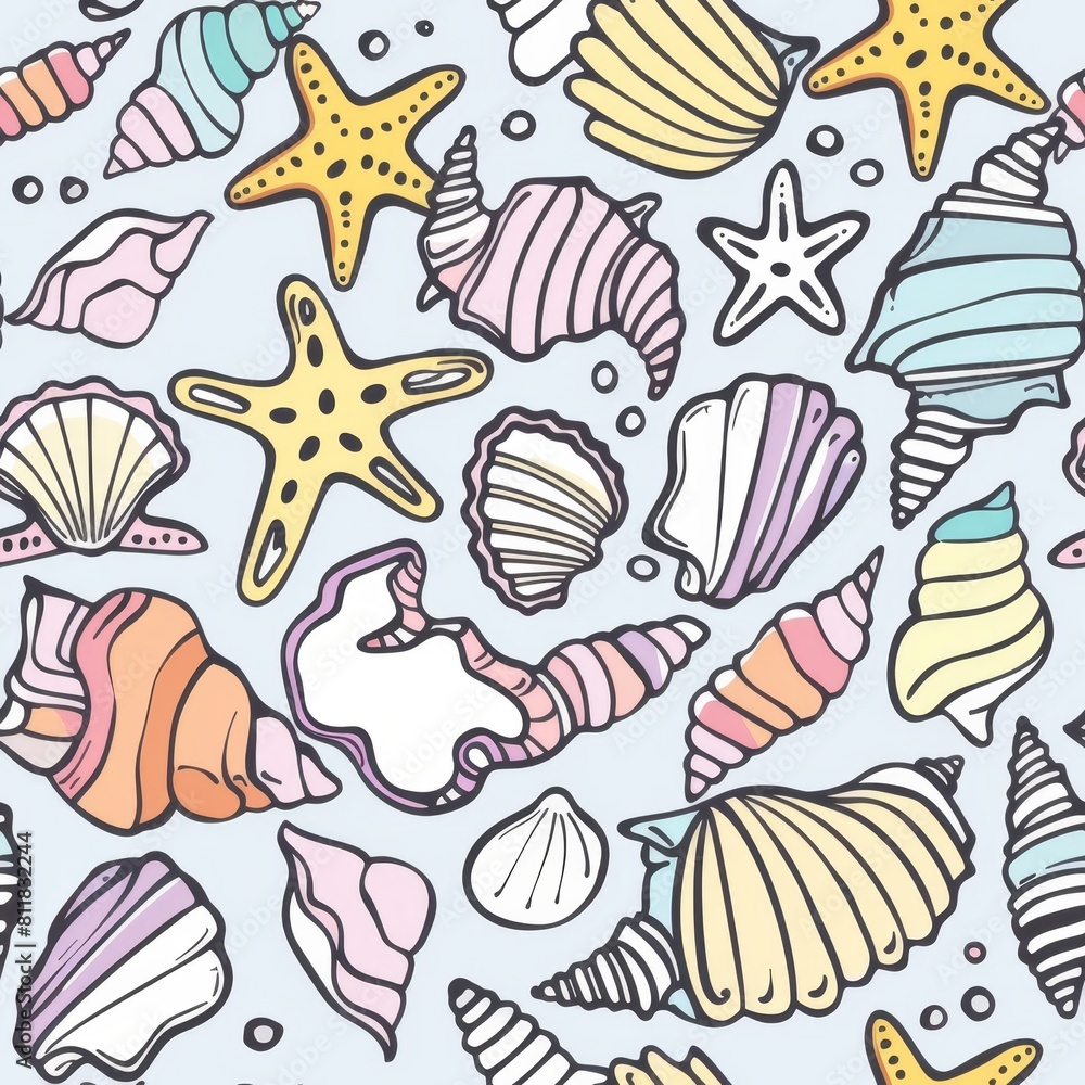 Colorful Seashells and Starfish Pattern Illustration Colorful Seashells and Starfish Pattern Illustration