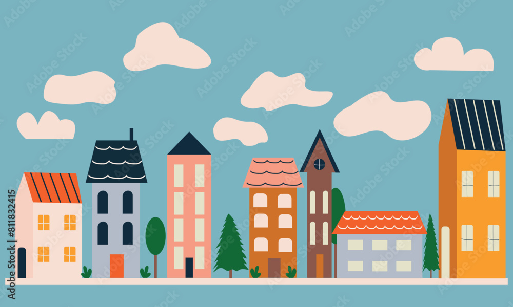 Cute houses, city buildings in Scandinavian style. Vector illustration.