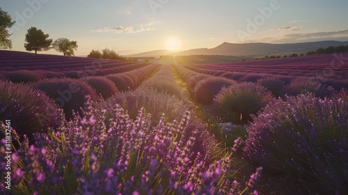 Walking through the lavender fields in Provence France during peak bloom with rows of purple stretching as far as the eye can see against a backdrop of