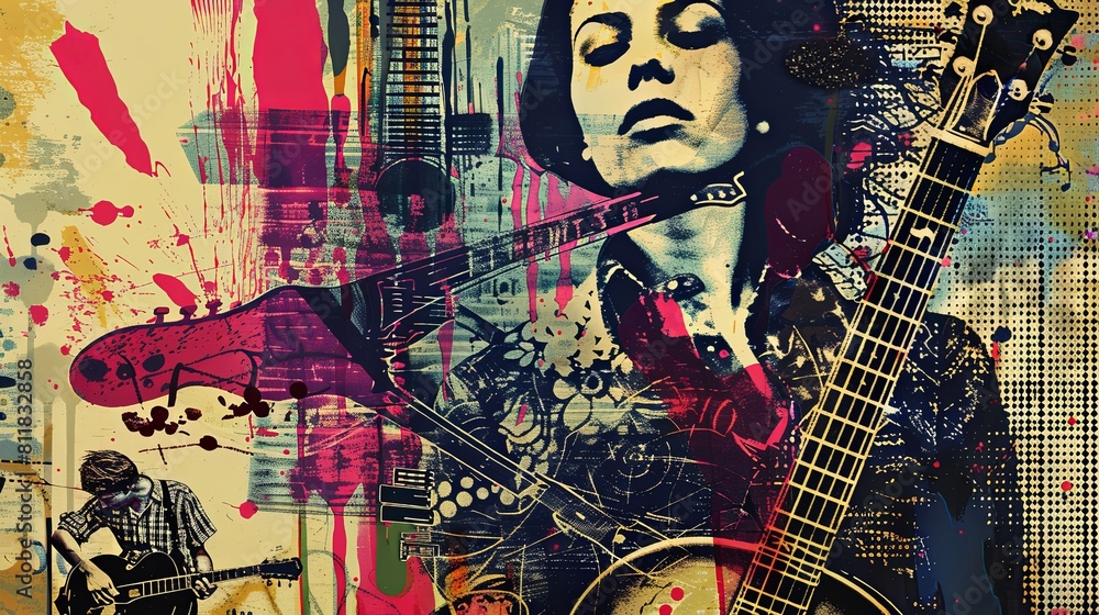 Obraz premium A woman strums a guitar, lost in the music