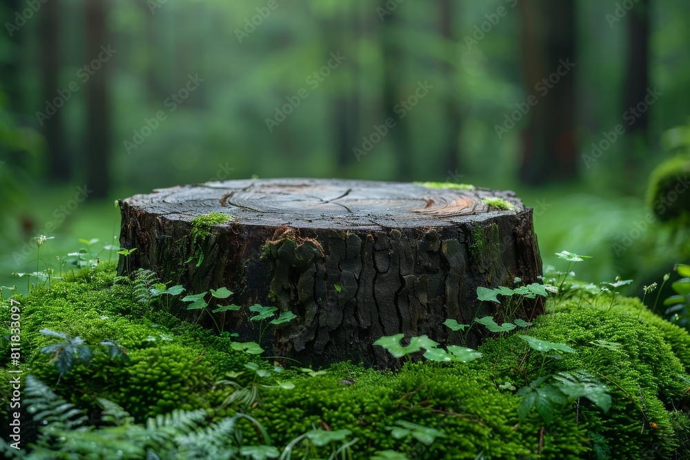 Atmospheric shot of a tree stump with moss, with a mysterious misty forest in the background Atmospheric shot of a tree stump with moss, with a mysterious misty forest in the background