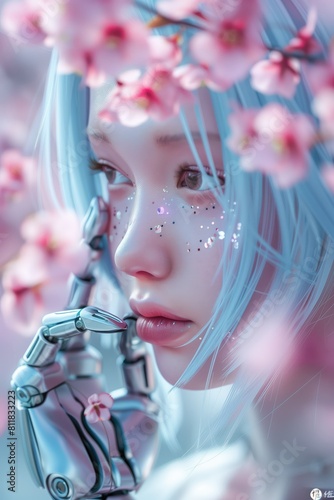 Futuristic Robot Among Cherry Blossoms cyber and life concept.