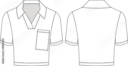 with pocket collared polo neck short sleeve long polo blouse top t-shirt-tee template technical drawing flat sketch cad mockup fashion woman design style model
