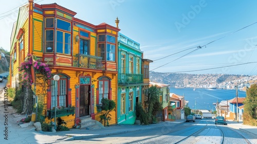 The historic waterfront of Valparaiso Chile with its brightly colored houses and ascensores (historic funiculars) offering panoramic views of the Pacif