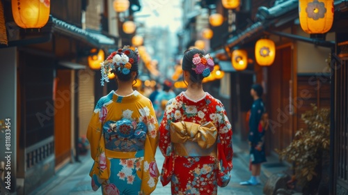 Taking part in the traditional summer festivities in Kyoto Japan where locals don colorful yukatas and participate in ancient rituals and parades throu photo