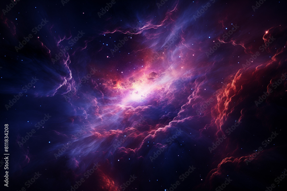 Amazing nebula in deep space, glowing red and purple clouds, stars in ...