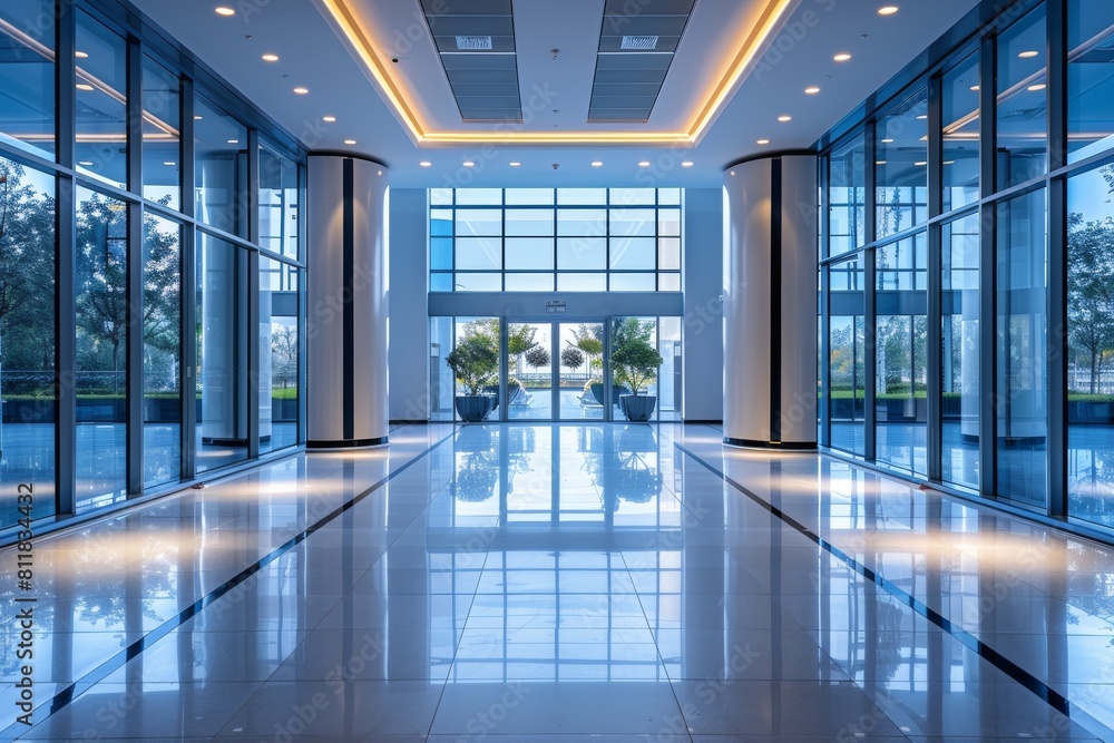 Fototapeta premium Spacious and modern lobby area with reflective floor and strategic lighting