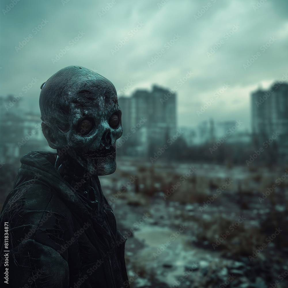 Creepy Skull Creature in Post-Apocalyptic Urban Setting Creepy Skull Creature in Post-Apocalyptic Urban Setting