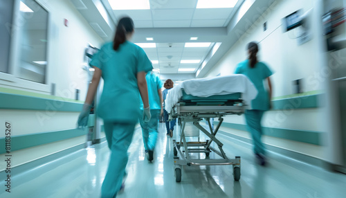 Doctors and medical staff transporting patient on stretchers in hospital. Photo from behind with motion blur to emphasise action and urgency. Generative AI